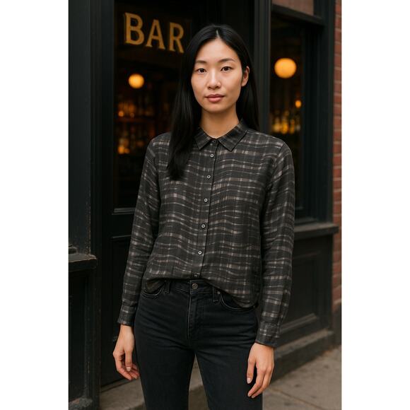 The Kooples Silk Cotton Blend Black Gray Wave Print Button Front Blouse Size S - Picture 1 of 10
